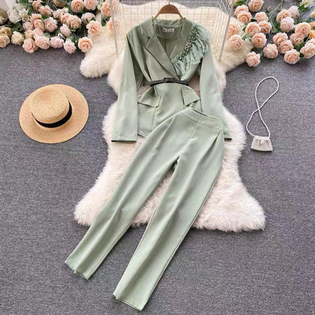 Jarvis Luxury Suit Set - styled flat-lay shot, green - Miss Mosa By Akanksha