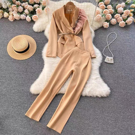 Jarvis Luxury Suit Set - styled flat-lay shot, beige - Miss Mosa By Akanksha
