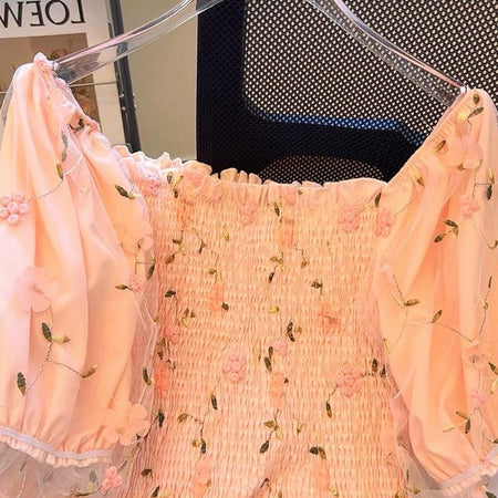 Jill Statement Floral Tops - close-up of floral print, peach - Miss Mosa By Akanksha