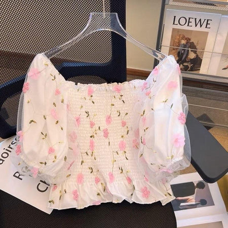 Jill Statement Floral Tops - front shot on hanger, white - Miss Mosa By Akanksha