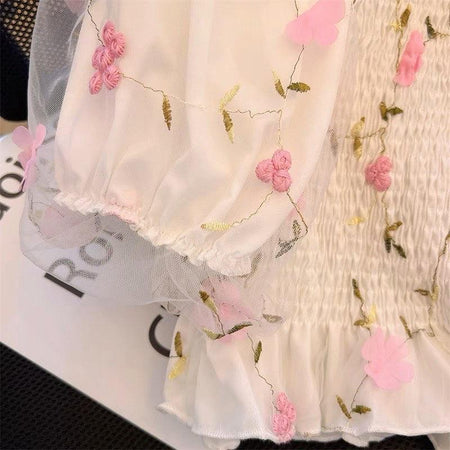 Jill Statement Floral Tops - close-up of sleeve and hem, white - Miss Mosa By Akanksha