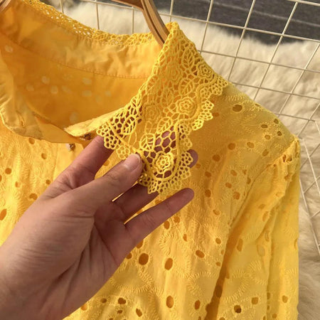 Jimmy Cotton Eyelet Midi Dress - close-up of collar lace, yellow - Miss Mosa By Akanksha