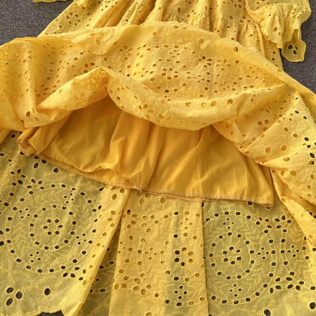 Jimmy Cotton Eyelet Midi Dress - close-up of dress skirt, yellow - Miss Mosa By Akanksha