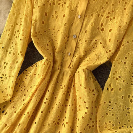 Jimmy Cotton Eyelet Midi Dress - close-up of dress waist, yellow - Miss Mosa By Akanksha