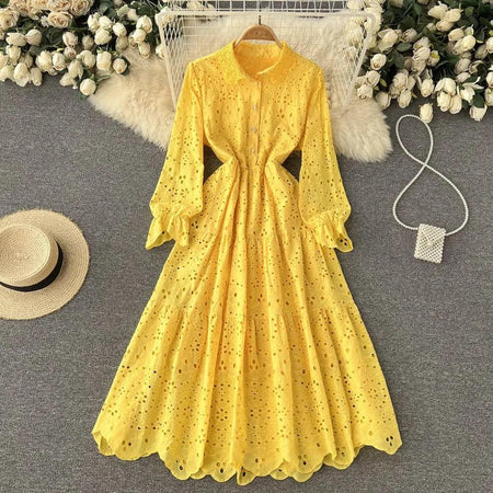 Jimmy Cotton Eyelet Midi Dress - styled flat-lay shot, yellow - Miss Mosa By Akanksha