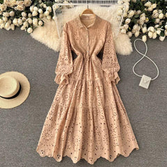 Jimmy Cotton Eyelet Midi Dress - styled flat-lay shot, beige - Miss Mosa By Akanksha