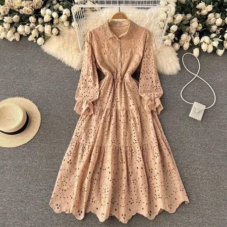 Jimmy Cotton Eyelet Midi Dress - styled flat-lay shot, beige - Miss Mosa By Akanksha
