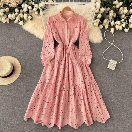 Jimmy Cotton Eyelet Midi Dress - styled flat-lay shot, pink - Miss Mosa By Akanksha