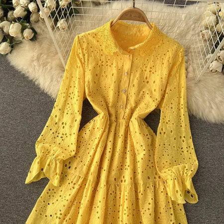 Jimmy Cotton Eyelet Midi Dress - close-up of dress bodice, yellow - Miss Mosa By Akanksha