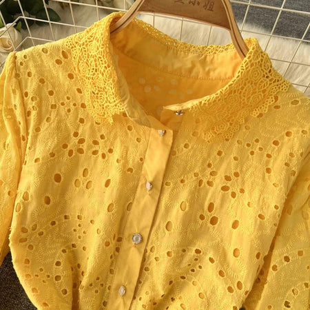 Jimmy Cotton Eyelet Midi Dress - close-up of collar, yellow - Miss Mosa By Akanksha