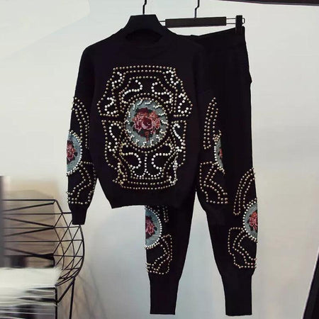 Jison Luxury Embroidered Tracksuit - front shot on hanger, black - Miss Mosa By Akanksha