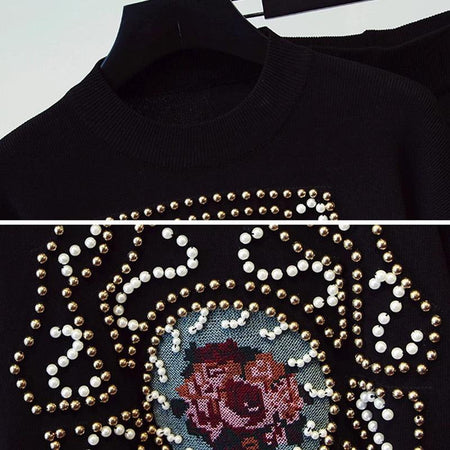 Jison Luxury Embroidered Tracksuit - close-up of beaded floral motif, black - Miss Mosa By Akanksha