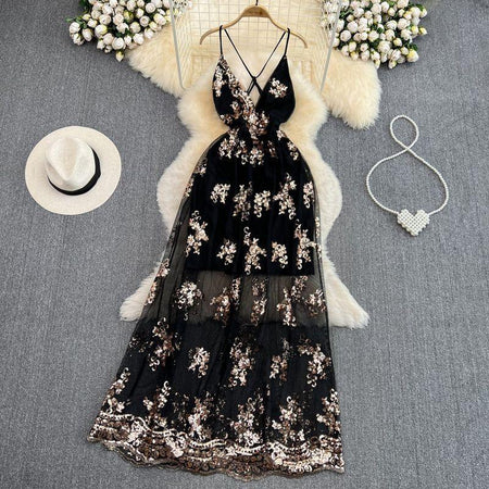 Joshua Sequined Maxi Dress In Black - styled flat-lay shot, black - Miss Mosa By Akanksha