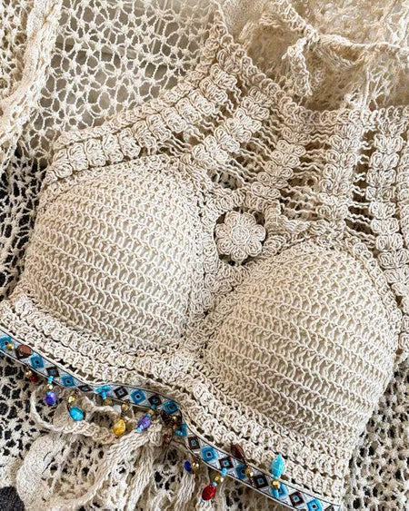 Jules 3 Piece Coord Set - Resortwear Set In Beige - close-up of crochet bralette, beige - Miss Mosa By Akanksha