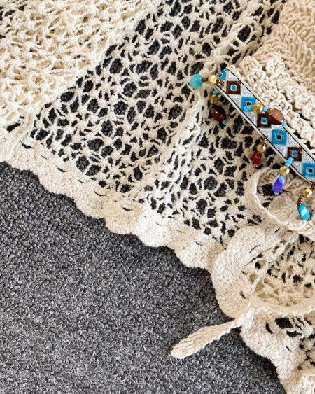 Jules 3 Piece Coord Set - Resortwear Set In Beige - close-up of crochet detail, beige - Miss Mosa By Akanksha