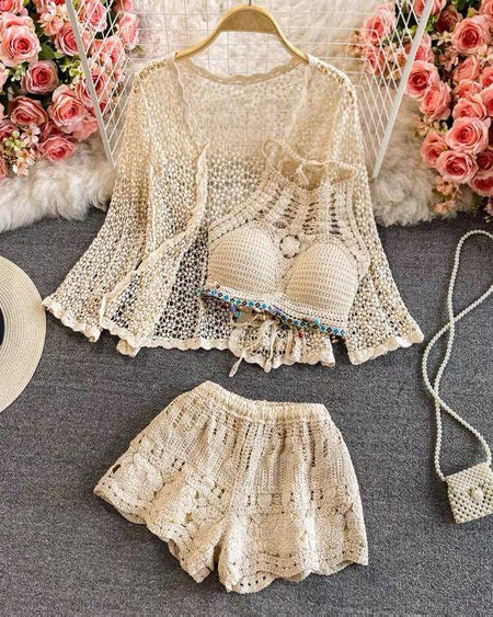 Jules 3 Piece Coord Set - Resortwear Set In Beige - styled flat-lay shot, beige - Miss Mosa By Akanksha