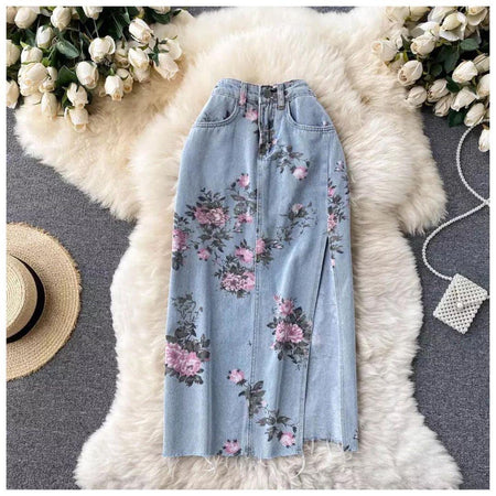 Juliana Slit Denim Skirts In Light Blue - styled flat-lay shot, blue - Miss Mosa By Akanksha