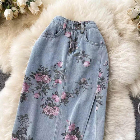 Juliana Slit Denim Skirts In Light Blue - close-up of floral print, blue - Miss Mosa By Akanksha