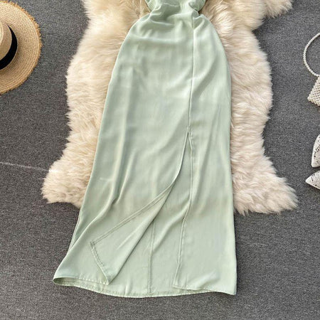 Julieta Statement Dress - close-up of skirt slit, sage green - Miss Mosa By Akanksha