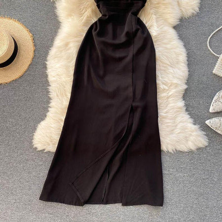 Julieta Statement Dress - close-up of skirt slit, black - Miss Mosa By Akanksha