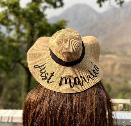 Just Married Straw Hat In Brown - lifestyle shot on model, brown - Miss Mosa By Akanksha