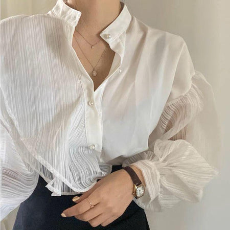 Kaydence Statement Shirt - close-up of collar and sheer sleeves, white - Miss Mosa By Akanksha