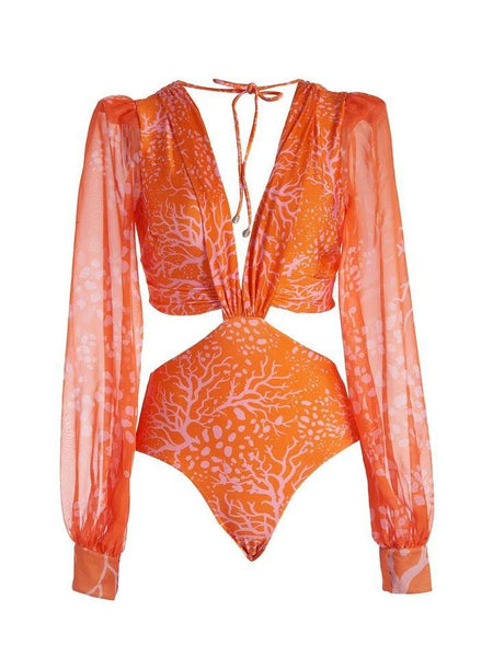 Keira One Piece Swimsuit In Orange - front shot on hanger, orange - Miss Mosa By Akanksha