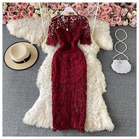 Kelly Luxury Lace Dress - back shot on hanger, red - Miss Mosa By Akanksha