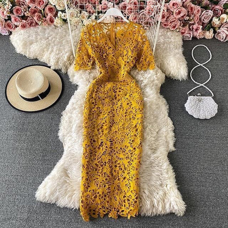 Kelly Luxury Lace Dress - front shot on hanger, yellow - Miss Mosa By Akanksha