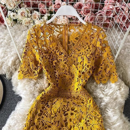 Kelly Luxury Lace Dress - close-up of lace bodice, yellow - Miss Mosa By Akanksha