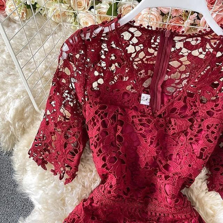 Kelly Luxury Lace Dress - close-up of lace bodice, red - Miss Mosa By Akanksha