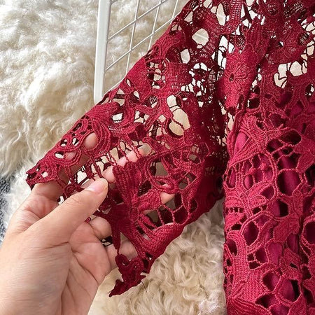Kelly Luxury Lace Dress - close-up of lace sleeve, red - Miss Mosa By Akanksha