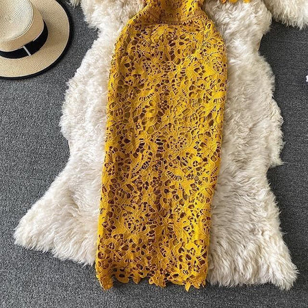 Kelly Luxury Lace Dress - front shot on hanger, yellow - Miss Mosa By Akanksha