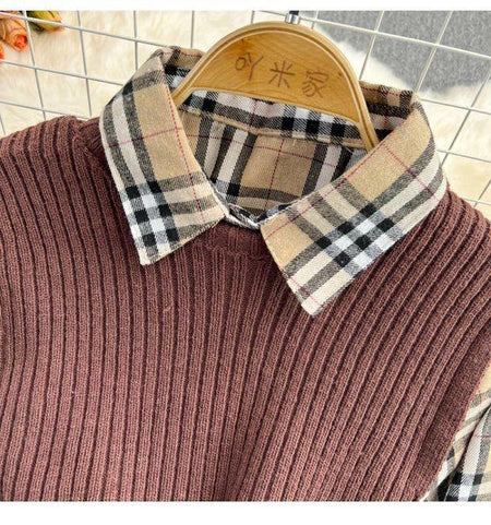 Kimberly Two Piece Knit Set - close-up of plaid collar, brown - Miss Mosa By Akanksha