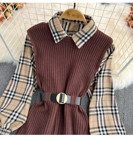 Kimberly Two Piece Knit Set - close-up of belted waist, brown - Miss Mosa By Akanksha