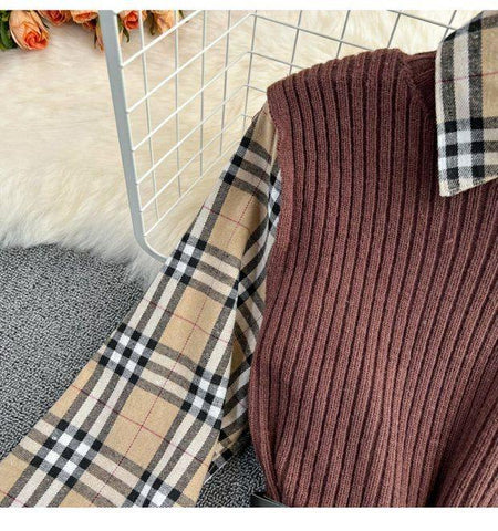 Kimberly Two Piece Knit Set - close-up of plaid sleeve, brown - Miss Mosa By Akanksha