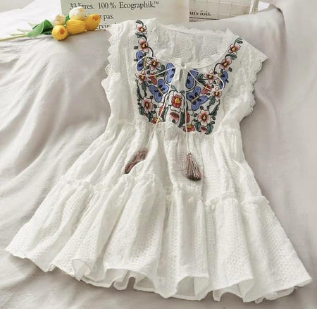 Kylie Embroidered Blouse in White - styled flat-lay shot, white - Miss Mosa By Akanksha