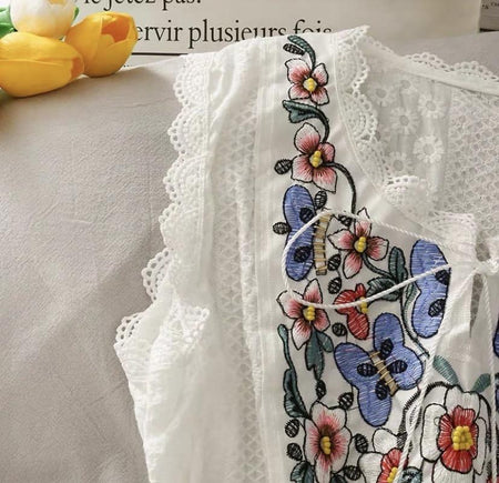 Kylie Embroidered Blouse in White - close-up of embroidery, white - Miss Mosa By Akanksha