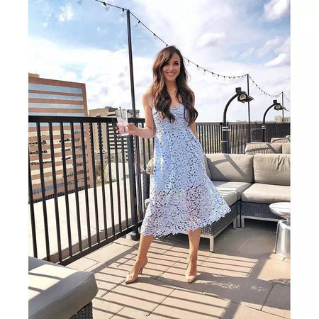 Lace Craze Dress - lifestyle shot on model, light blue - Miss Mosa By Akanksha