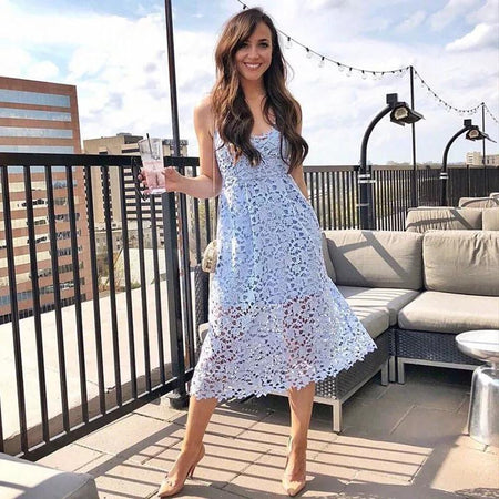 Lace Craze Dress - lifestyle shot on model, light blue - Miss Mosa By Akanksha