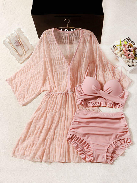 Laica Swimsuit Set In Peach - styled flat-lay shot, pink - Miss Mosa By Akanksha