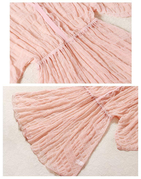 Laica Swimsuit Set In Peach - close-up of fabric, pink - Miss Mosa By Akanksha