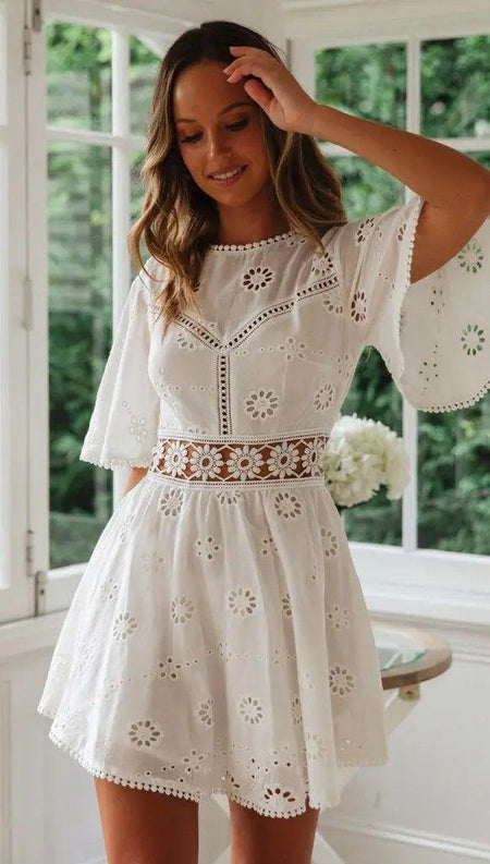 Lamaica Eyelet Cotton Dress In White - front shot on model, white - Miss Mosa By Akanksha