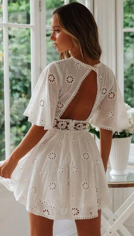 Lamaica Eyelet Cotton Dress In White - back shot on model, white - Miss Mosa By Akanksha