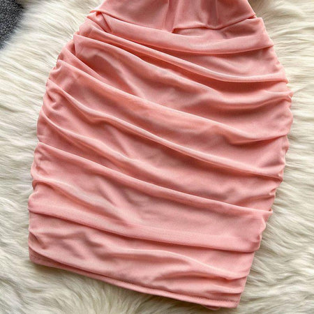 Lasa Ruched Mini Bodycon Mesh Dress - close-up of ruched skirt, pink - Miss Mosa By Akanksha