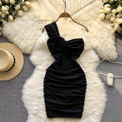 Lasa Ruched Mini Bodycon Mesh Dress - styled flat-lay shot, black - Miss Mosa By Akanksha