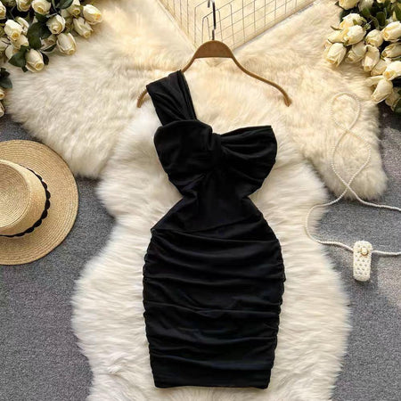 Lasa Ruched Mini Bodycon Mesh Dress - styled flat-lay shot, black - Miss Mosa By Akanksha