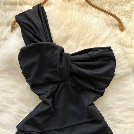 Lasa Ruched Mini Bodycon Mesh Dress - close-up of twisted bodice, black - Miss Mosa By Akanksha