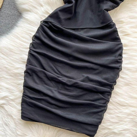 Lasa Ruched Mini Bodycon Mesh Dress - close-up of ruched skirt, black - Miss Mosa By Akanksha