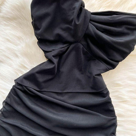 Lasa Ruched Mini Bodycon Mesh Dress - close-up of bodice cut-out, black - Miss Mosa By Akanksha